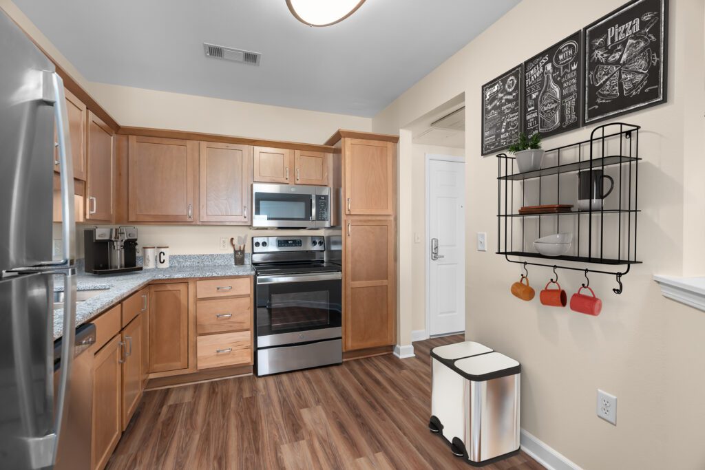 Kitchen in a 2-bedroom independent living apartment.