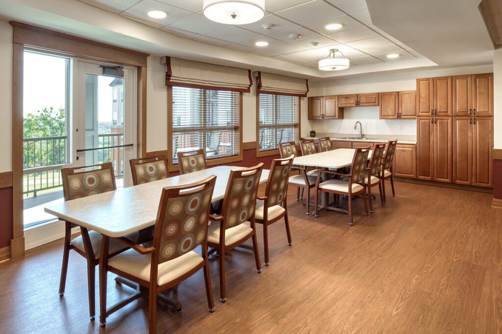 Senior apartments activity lounge.