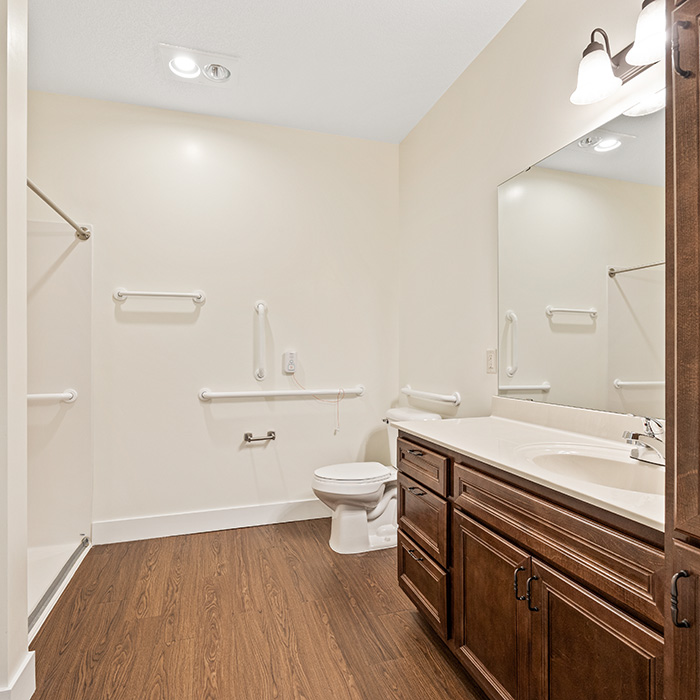 Contemporary bathroom with roll in shower and wooden vanity.