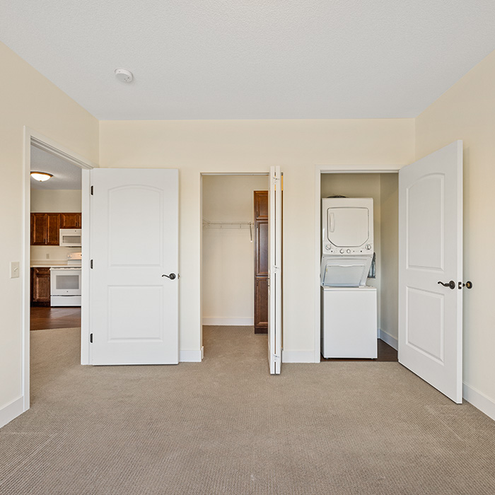 Bedroom in one-bedroom senior apartment.