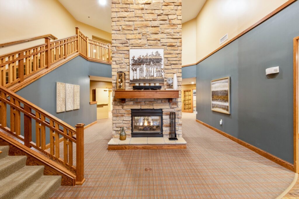 Image of lobby fireplace.