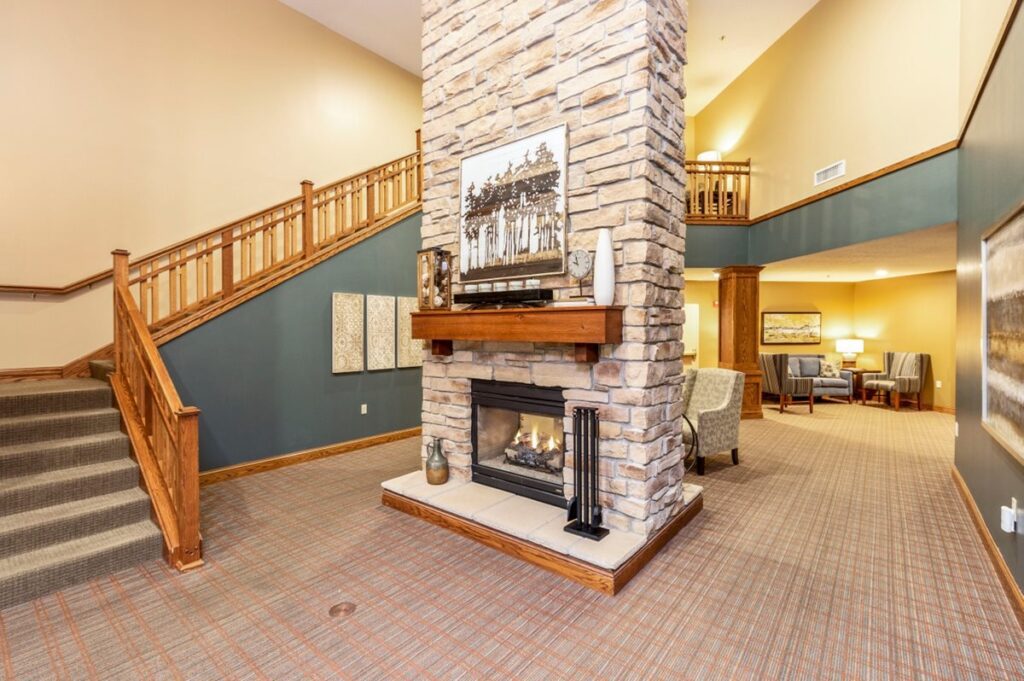 Image of lobby fireplace.