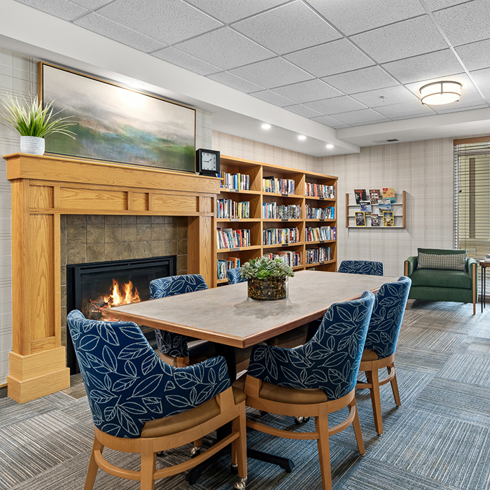 McKenna Crossing library with fireplace.