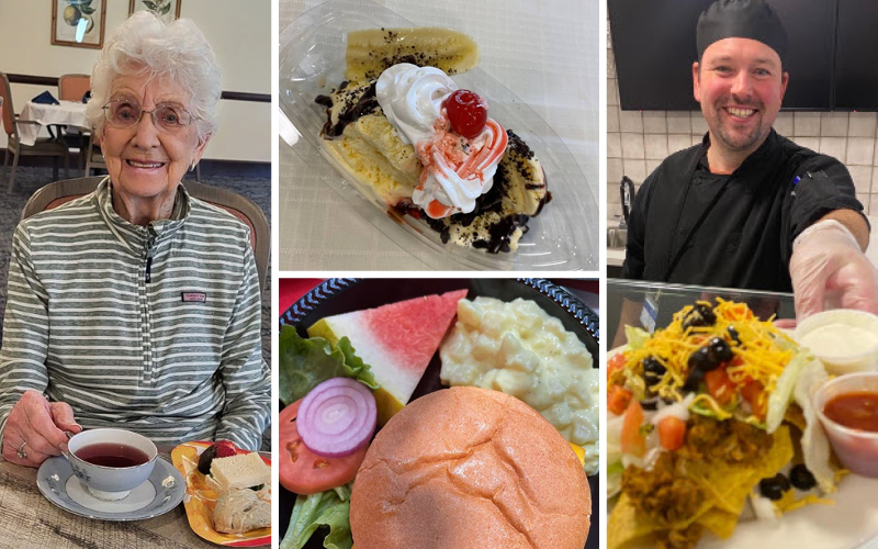 Collage image of resident, employee, adn meals.