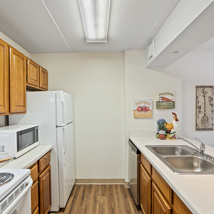 Galley kitchen layout in a senior apartment.