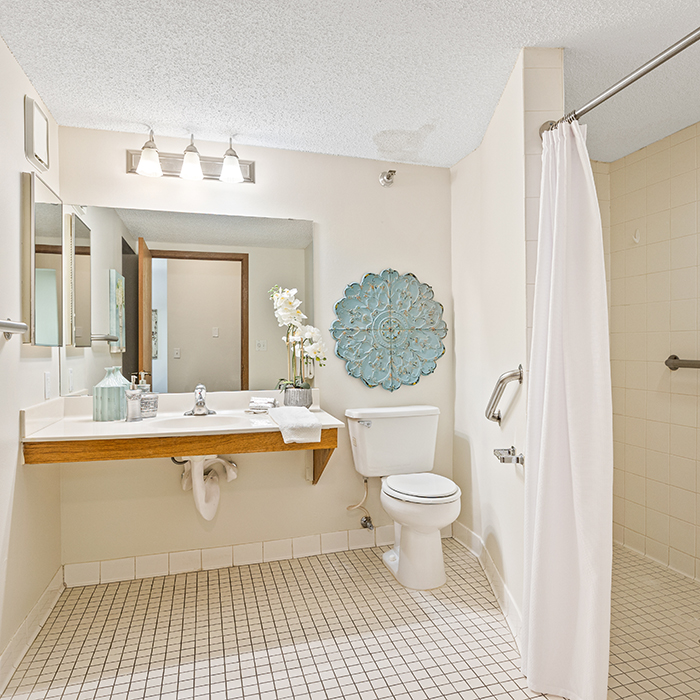 Accessible bathroom with a roll-in shower.