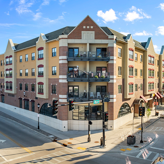 Aerial view of the front corner of Avalon Square.