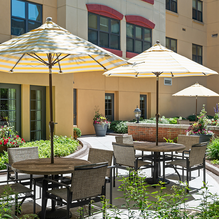 Umbrella tables on the patio.